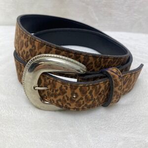 Leopard Print Calf Hair Belt Silver Oval Buckle Brown Black Animal Print